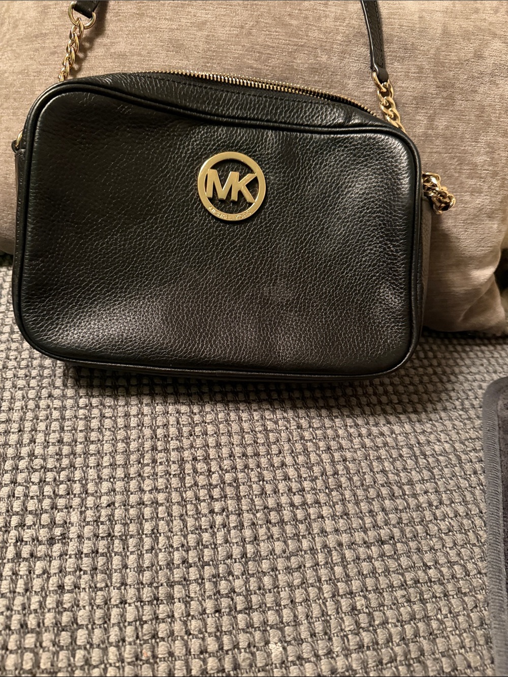 Michael Kors Black Leather Crossbody Bag with Gold MK Logo